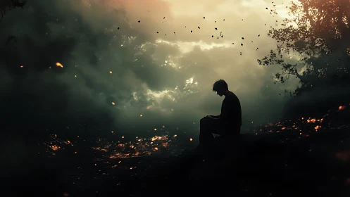 Solitary figure rests quietly amid glowing twilight embers