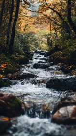 Mountain forest stream flows through autumn rocks and foliage