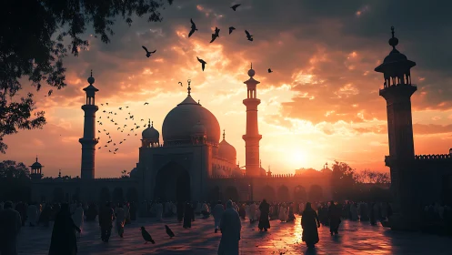 Sunlit mosque courtyard glows as worshippers gather at dusk