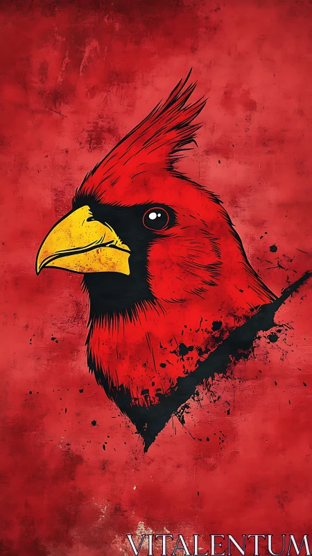 Cardinal head portrait uses splatter ink edging and bold contrast