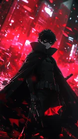 Night-cloaked vigilante stalks neon streets in scarlet storm