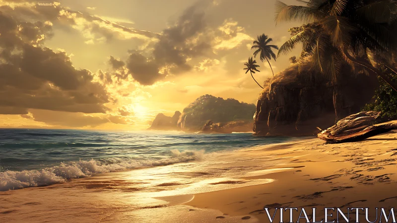 Golden Hour Coastal Landscape with Rocky Promontory and Tropical Palms