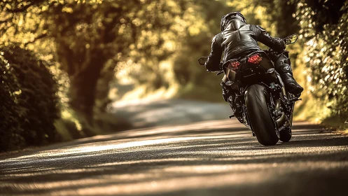 Sunlit country ride with a lone motorcyclist in motion.