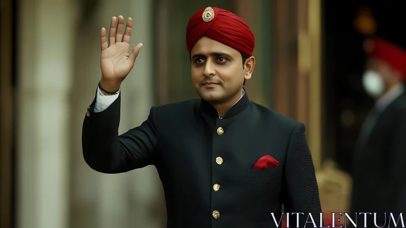 Indian man in bandhgala suit with red turban raising right hand