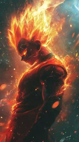 Flaming anime warrior ignites with intense elemental power.
