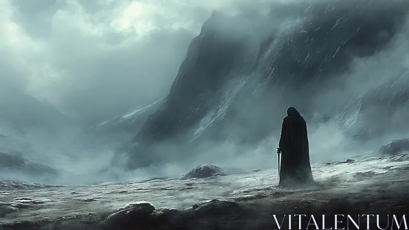 Cloaked wanderer studies glacial valley under heavy fog dynamics