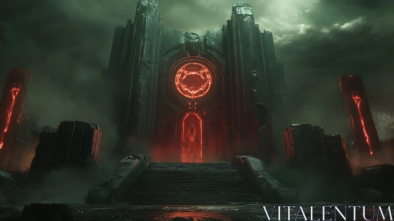 Massive infernal gate with red core in stormy landscape.