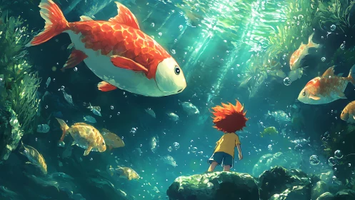 Child observing oversized koi fish in underwater environment.