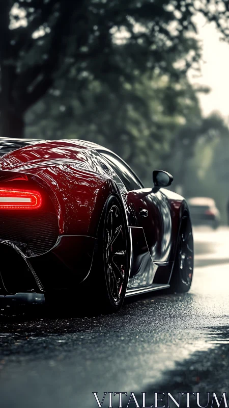 Red hypercar on wet forest road with glowing taillights.