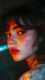 Chromatic side‑lit portrait under cinematic neon gradients.