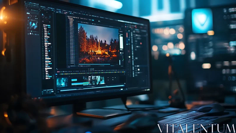 Cinematic color grading workstation with forest scene display.