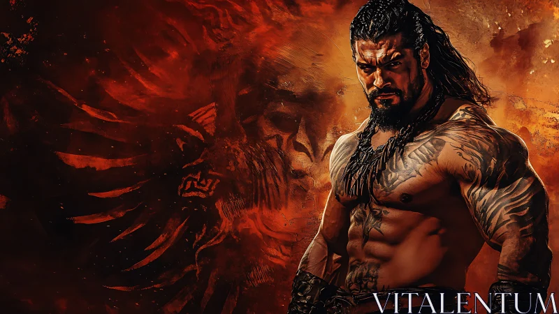 Fierce warrior stands strong in fiery, powerful light.