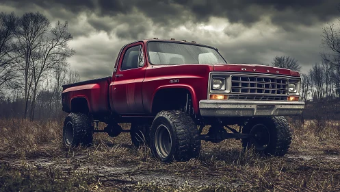 Storm-lit lifted red pickup truck in wild autumn field.