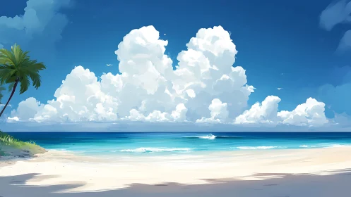 Tropical Beach Seascape with Cumulus Clouds