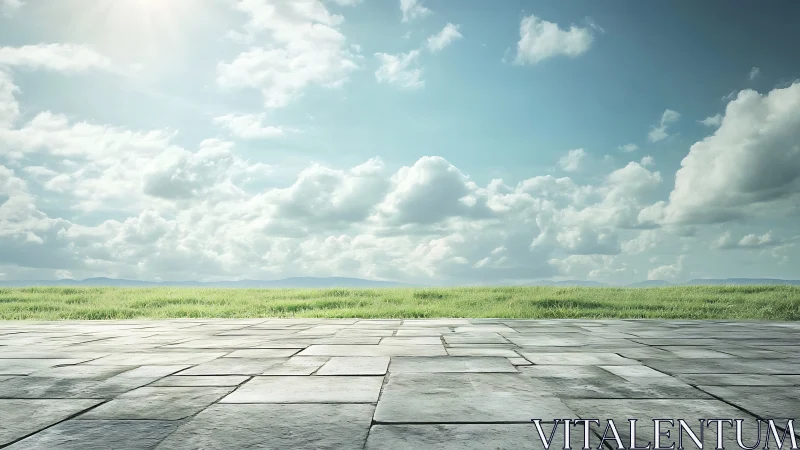 Open stone terrace under soft summer sky and quiet clouds.