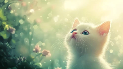White Cat Gazing Upward Among Spring Blossoms