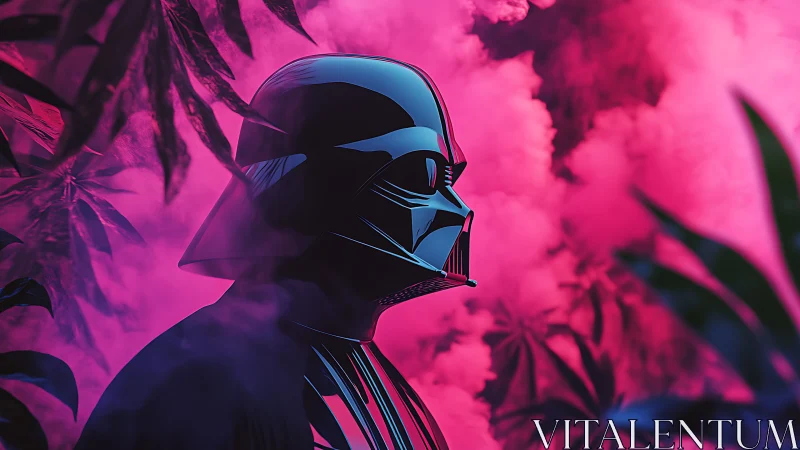 Dark sci fi helmet amid neon jungle smoke backdrop.