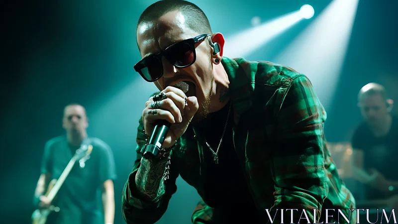 Rock vocalist screams into microphone under dramatic stage light