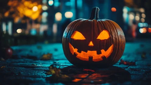 Illuminated carved pumpkin on wet pavement at night.