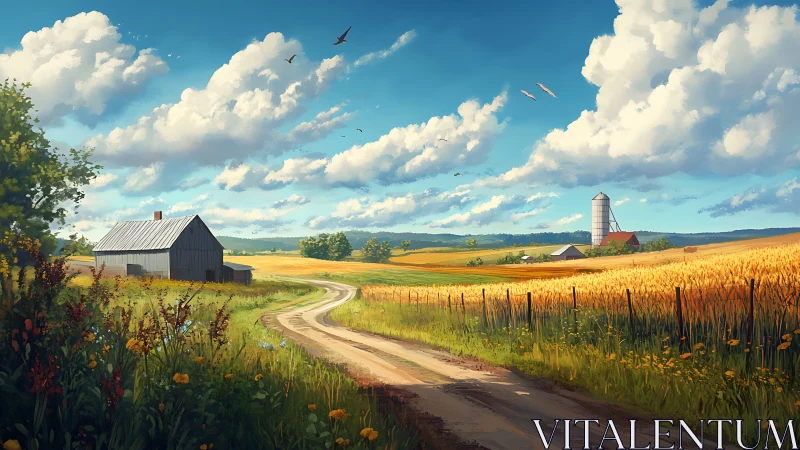 Sunlit country farm road curves through golden wheat fields