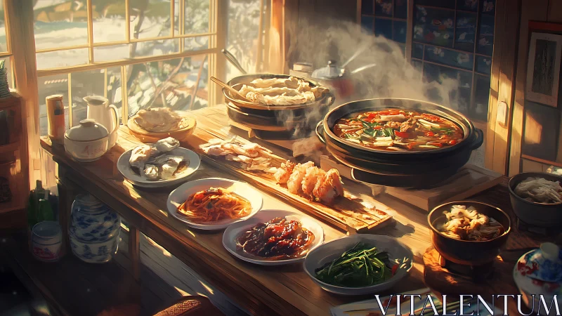 Sunlit kitchen table overflows with steaming Asian feast.