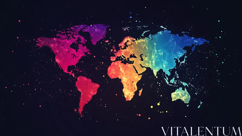 Vibrant rainbow world map on dark cosmic background.