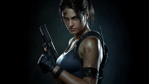 Battle-hardened heroine stands ready in a stormlit downpour