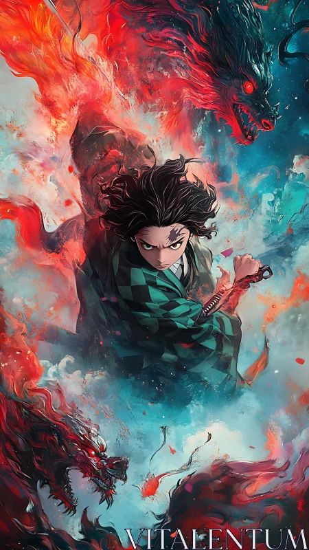 Anime swordsman framed by fiery red dragons and swirling smoke