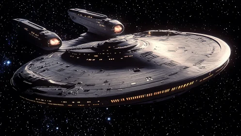 Massive starship cruiser gliding through deep space.