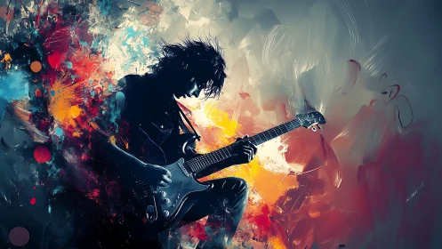 Silhouetted guitarist amid abstract multicolored background.