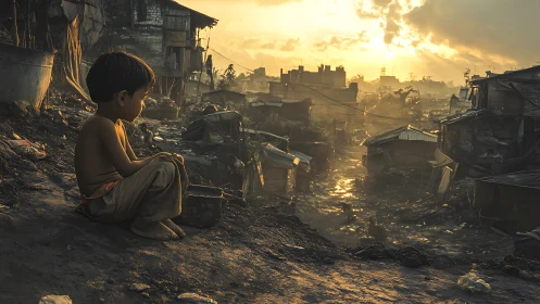 Child watching a fragile sunrise over a struggling cityscape.