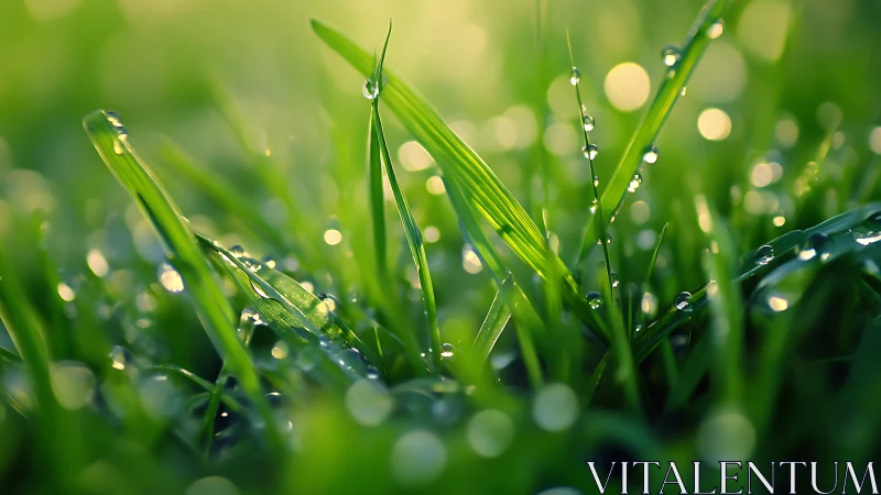 Dew covered grass blades in soft morning backlight.
