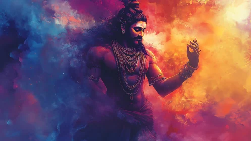 Radiant divine figure rises in swirling clouds of vivid light