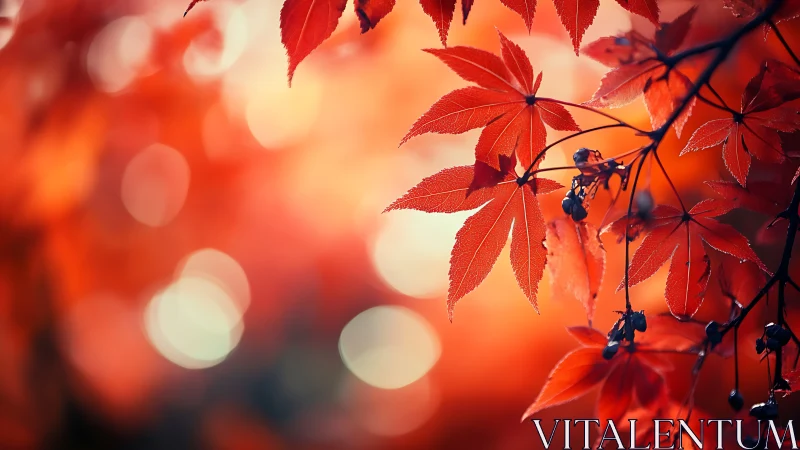 Red maple leaves in soft autumn sunlight bokeh background.