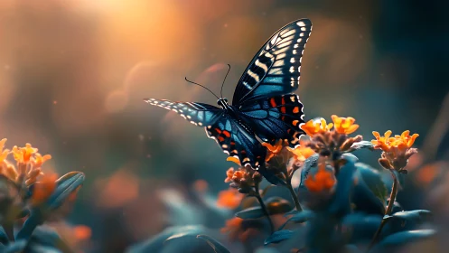 Butterfly rests on glowing flowers in dreamy golden dusk