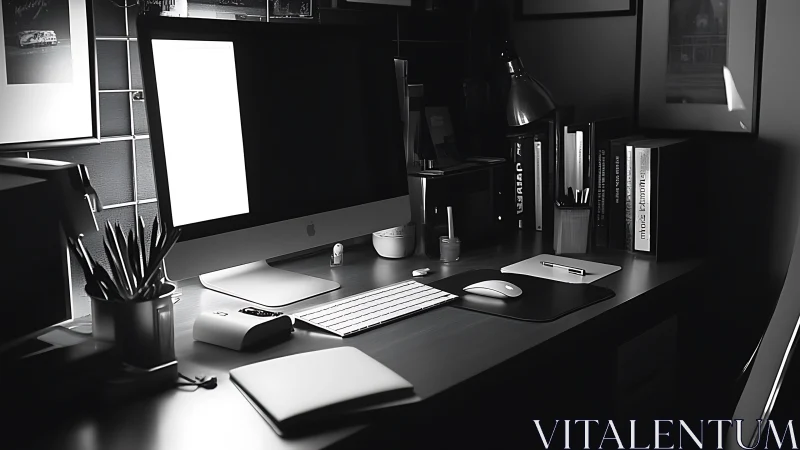 Midnight workstation glows with monochrome digital quiet.