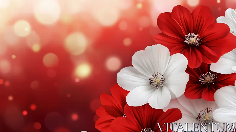 Red and White Cosmos Blooms on Vibrant Red Bokeh Background.