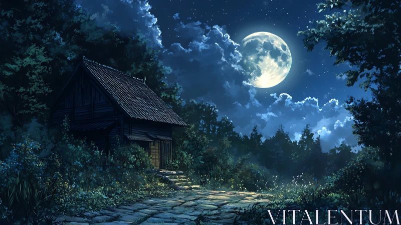 Rural wooden cabin beside stone path under full moonlight.