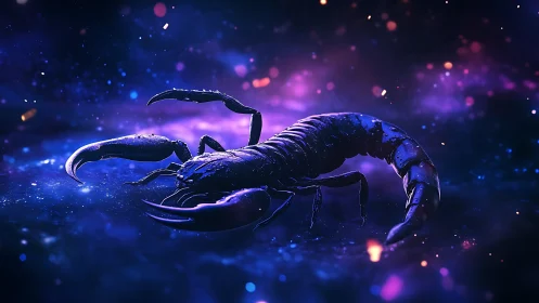 Nebula-lit cosmic scorpion prowls through violet stardust.