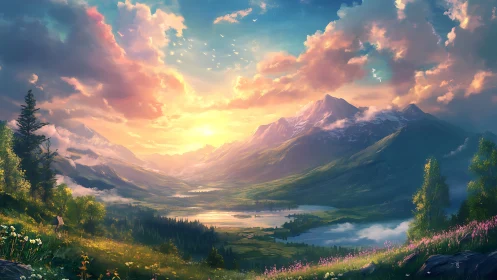 Spectral alpine valley panorama under volumetric sunset glow.