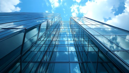 Glass curtain wall skyscrapers converge into reflective sky