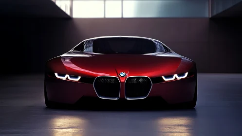 Low-lit front view of red BMW concept sports car.