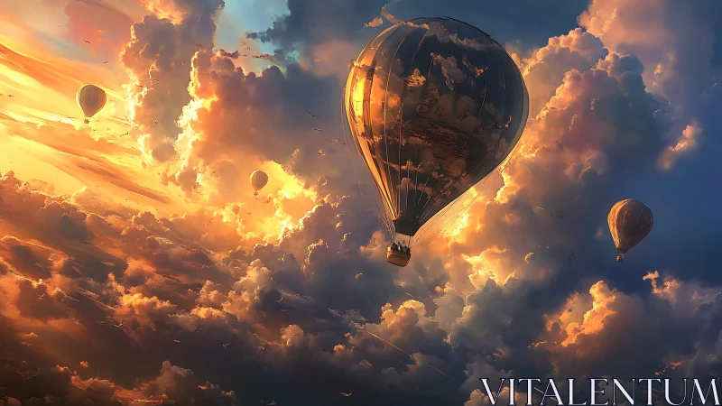 Hot air balloons drift through dense sunset clouds.