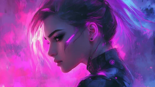 Neon cyberpunk portrait in profile with luminous magenta backlight.