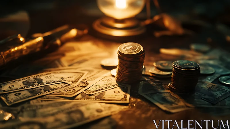 Stacks of coins and paper currency on dimly lit table.