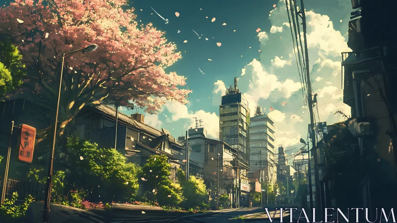 Cherry blossom-lined urban street under dramatic spring sky