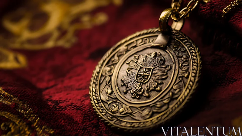 Ornate bronze medallion rests on rich crimson velvet fabric.