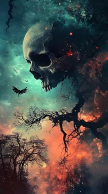 Colossal cosmic skull merges with nebula sky above barren forest