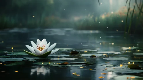 Digital lily pond tableau with cinematic depth of field focus.