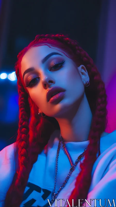 Neon-lit portrait highlights braided hair and glossy lips.